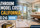 Modern bathroom remodel in California with walk-in shower and quartz vanity for 2026 renovation cost guide