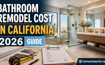 Modern bathroom remodel in California with walk-in shower and quartz vanity for 2026 renovation cost guide