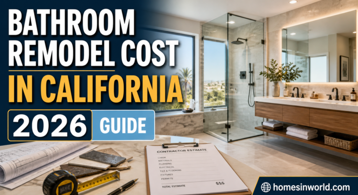 Modern bathroom remodel in California with walk-in shower and quartz vanity for 2026 renovation cost guide