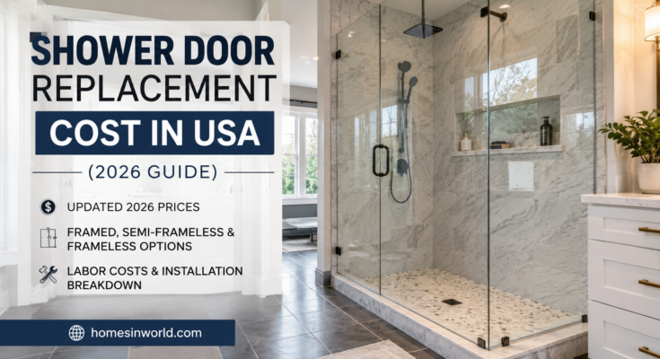 Modern frameless shower door replacement in luxury USA bathroom remodel for 2026