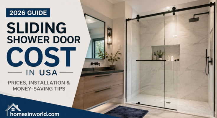 Modern frameless sliding shower door in luxury USA bathroom remodel showing sliding shower door cost trends for 2026