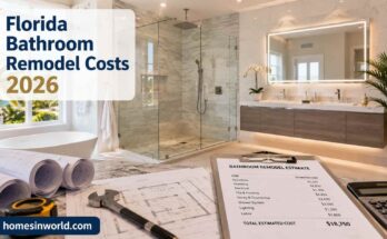 Luxury Florida bathroom remodel with frameless walk-in shower, floating vanity, LED mirror, porcelain tile flooring, and bathroom renovation cost estimate for 2026 by homesinworld.com