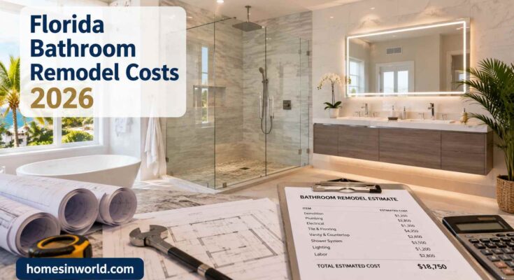 Luxury Florida bathroom remodel with frameless walk-in shower, floating vanity, LED mirror, porcelain tile flooring, and bathroom renovation cost estimate for 2026 by homesinworld.com