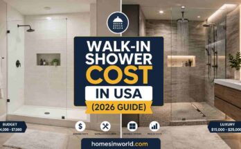 Modern walk-in shower remodel cost in USA 2026 with frameless glass and porcelain tile