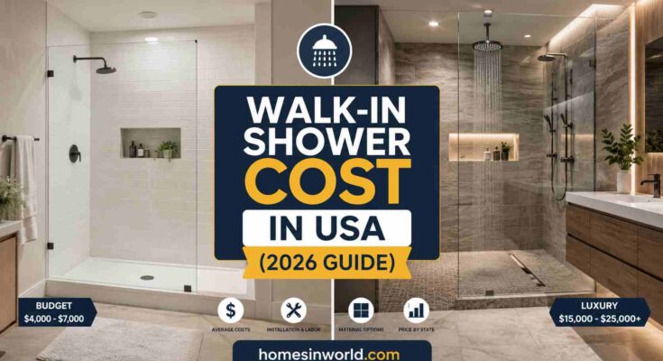 Modern walk-in shower remodel cost in USA 2026 with frameless glass and porcelain tile