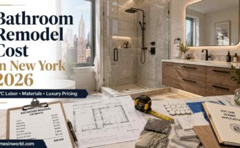 Luxury NYC apartment bathroom remodel with walk-in shower, floating vanity, contractor renovation estimate, permit paperwork, and remodeling cost planning for New York bathroom renovation pricing in 2026 by homesinworld.com