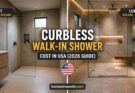 Modern curbless walk-in shower cost in USA 2026 with frameless glass and linear drain