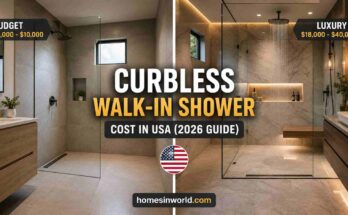 Modern curbless walk-in shower cost in USA 2026 with frameless glass and linear drain