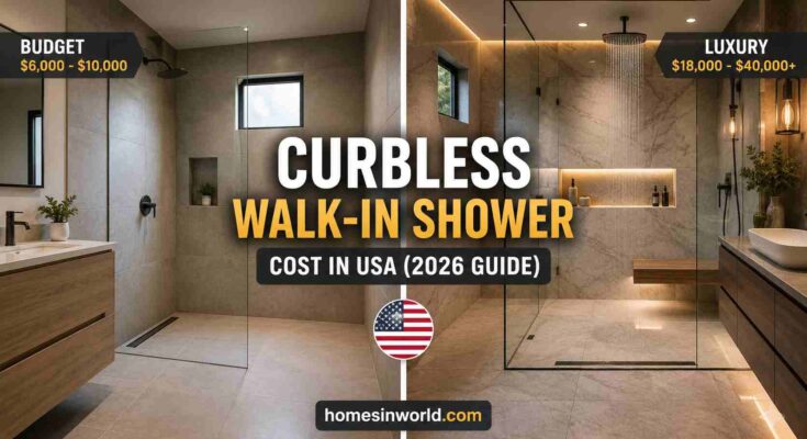 Modern curbless walk-in shower cost in USA 2026 with frameless glass and linear drain
