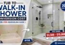 Modern curbless walk-in shower conversion replacing bathtub in American bathroom with frameless glass enclosure and 2026 USA remodeling cost guide