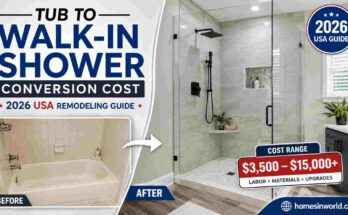 Modern curbless walk-in shower conversion replacing bathtub in American bathroom with frameless glass enclosure and 2026 USA remodeling cost guide