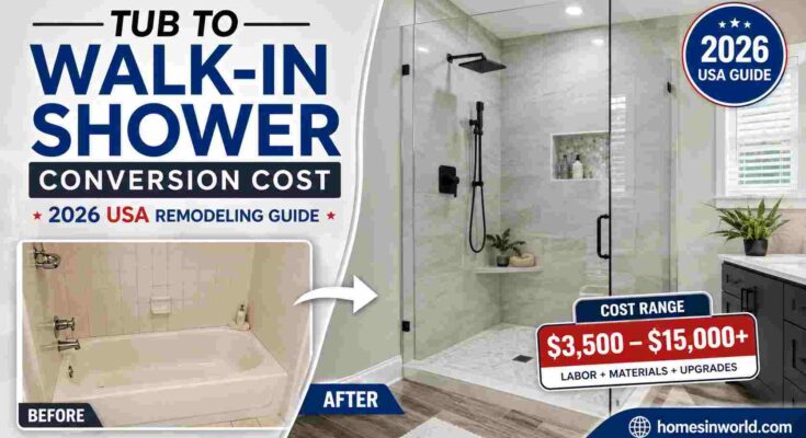 Modern curbless walk-in shower conversion replacing bathtub in American bathroom with frameless glass enclosure and 2026 USA remodeling cost guide