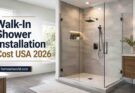 Modern frameless walk-in shower installation in luxury USA bathroom remodel for 2026