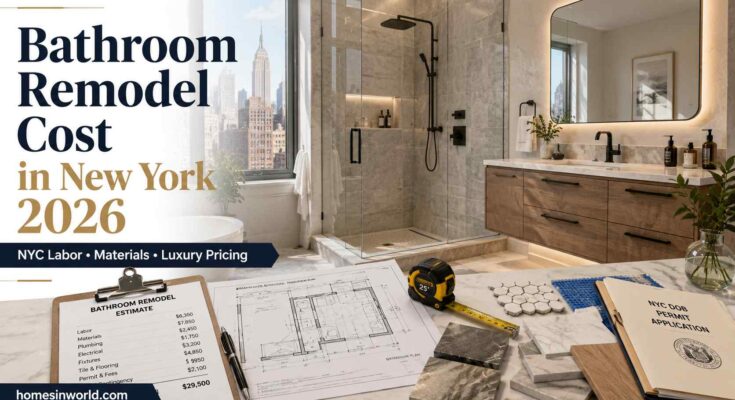 Luxury NYC apartment bathroom remodel with walk-in shower, floating vanity, contractor renovation estimate, permit paperwork, and remodeling cost planning for New York bathroom renovation pricing in 2026 by homesinworld.com