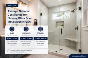 Average national cost range for shower glass door installation in a modern USA bathroom remodel with frameless glass shower design