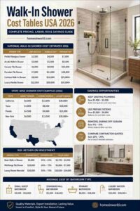 Walk-in shower installation cost tables and remodeling prices in USA for 2026