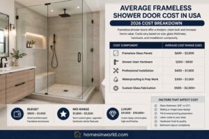 Average frameless shower door cost infographic in modern USA bathroom remodel with tempered glass enclosure
