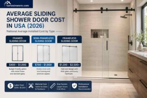 Average sliding shower door cost in modern USA bathroom remodel with frameless glass shower enclosure for 2026