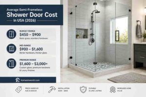 Average semi-frameless shower door cost displayed in modern USA bathroom remodel with tempered glass enclosure and premium hardware