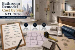 Luxury NYC apartment bathroom remodel with contractor pricing estimate, bathroom size renovation blueprint, frameless walk-in shower, floating vanity, waterproof flooring, and New York bathroom remodeling costs for small, guest, and master bathrooms in 2026 by homesinworld.com
