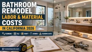 Luxury Florida bathroom remodel with frameless walk-in shower, floating vanity, porcelain tile flooring, renovation blueprints, contractor estimate clipboard, and bathroom labor and material cost planning for 2026 by homesinworld.com