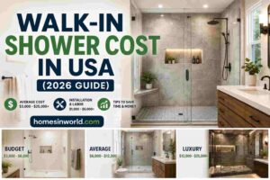 Modern walk-in shower cost in USA 2026 featuring frameless glass shower, porcelain tile walls, luxury bathroom remodel, and shower installation pricing guide