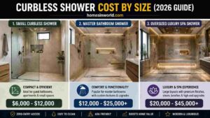 Curbless shower cost by size in USA 2026 featuring small, master bathroom, and oversized luxury spa showers