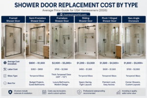 Shower door replacement cost by type in modern USA bathroom remodel with frameless, sliding, hinged, and semi-frameless shower enclosures