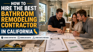 Professional bathroom remodeling contractor consultation in a luxury California bathroom with renovation blueprints, contractor estimate papers, tile samples, and modern walk-in shower design