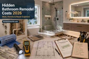 Luxury Florida bathroom remodel under renovation showing hidden mold damage, waterproofing materials, permit paperwork, contractor blueprint, and bathroom repair costs for 2026 by homesinworld.com
