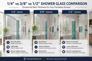 Comparison of 1/4 inch vs 3/8 inch vs 1/2 inch frameless shower glass thickness in a modern USA bathroom remodel