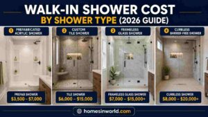 Walk-in shower cost by shower type in USA 2026 featuring prefab, tile, frameless glass, and curbless showers