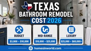 Texas Bathroom Remodel Cost 2026 infographic showing budget, mid-range, and luxury bathroom renovation prices in Texas with modern bathroom background and homesinworld.com branding.
