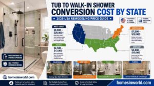 USA map infographic showing tub to walk-in shower conversion costs by state with California, Texas, Florida, and New York bathroom remodeling price comparisons for 2026