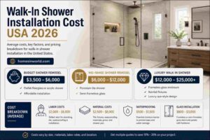 Average walk-in shower installation cost infographic for USA bathroom remodel in 2026