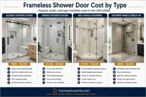 Frameless shower door cost by type infographic showing sliding, hinged, neo-angle, and shower panel designs in modern USA bathroom remodels
