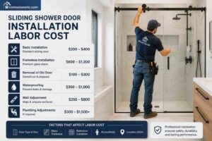 Sliding shower door installation labor cost in modern USA bathroom remodel with frameless glass shower enclosure