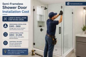 Semi-frameless shower door installation cost shown in modern USA bathroom remodel with tempered glass enclosure and professional installation design