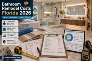 Luxury Florida bathroom remodel with frameless walk-in shower, floating vanity, renovation cost estimate clipboard, waterproof flooring, labor and material pricing chart, and bathroom remodeling budget guide for 2026 by homesinworld.com