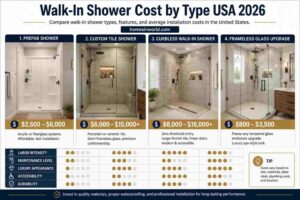 Walk-in shower cost by type comparison infographic for USA bathroom remodel in 2026