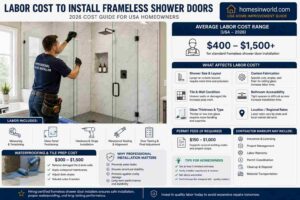 Frameless shower door installation labor cost infographic in modern USA bathroom remodel with tempered glass shower enclosure