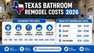 Modern infographic showing Texas bathroom remodeling costs by bathroom type and city including Houston, Dallas, Austin, and San Antonio for 2026.