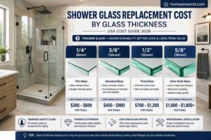 Shower glass replacement cost by glass thickness in modern USA bathroom remodel with 3/8-inch and 1/2-inch frameless tempered glass