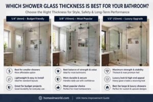 Comparison of frameless shower glass thickness options for different bathroom styles in a modern USA bathroom remodel
