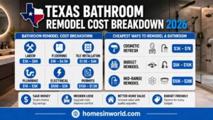  Texas bathroom remodel cost breakdown infographic showing labor, flooring, plumbing, electrical, permits, and budget bathroom remodel ideas for 2026.