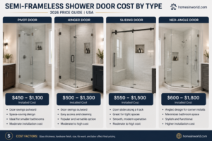 Semi-frameless shower door cost by type in modern USA bathroom remodel with sliding, pivot, hinged, and neo-angle glass enclosures
