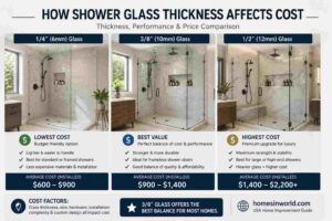 Comparison of frameless shower glass thickness costs in a modern USA bathroom remodel showing 1/4 inch, 3/8 inch, and 1/2 inch glass options