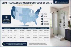 Semi-frameless shower door cost by state comparison in modern USA bathroom remodel with tempered glass shower enclosure