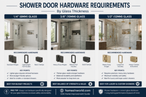 Frameless shower door hardware compatibility with different shower glass thickness options in a modern USA bathroom remodel