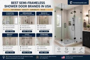 Best semi-frameless shower door brands in USA featured in modern bathroom remodel with tempered glass shower enclosures
